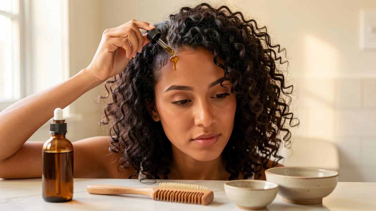 Femme aux cheveux bouclés appliquant avec précaution quelques gouttes d’huile de ricin sur son cuir chevelu, avec un flacon ambré et un peigne en bois à proximité.