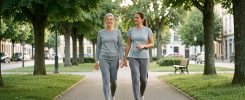 Une femme adulte marche calmement dans un parc urbain verdoyant de Sarreguemines aux côtés d’une professionnelle en activité physique adaptée.
