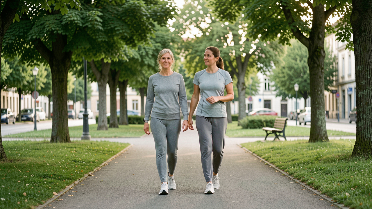 Une femme adulte marche calmement dans un parc urbain verdoyant de Sarreguemines aux côtés d’une professionnelle en activité physique adaptée.