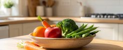 Table de cuisine lumineuse avec une pomme, une orange, des carottes, du brocoli et des haricots verts disposés naturellement.