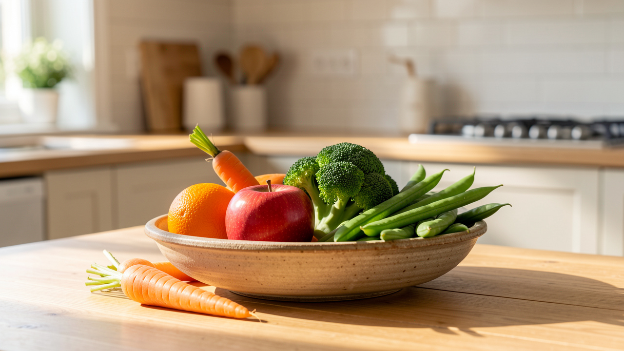Table de cuisine lumineuse avec une pomme, une orange, des carottes, du brocoli et des haricots verts disposés naturellement.