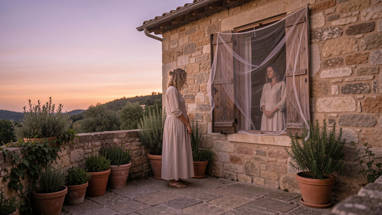 Illustration réaliste et sobre d’une femme en vêtements longs et clairs sur la terrasse d’une maison provençale au crépuscule, avec une moustiquaire visible à la fenêtre.