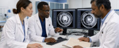 Une femme oncologue et deux hommes spécialistes en oncologie analysent des images tumorales sur des écrans médicaux et consultent un dossier patient vierge dans une salle hospitalière lumineuse.