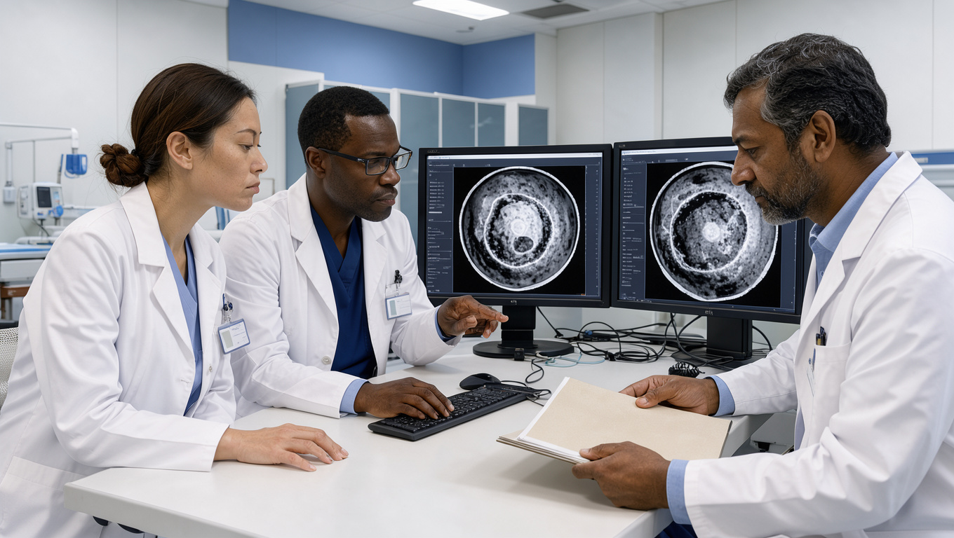 Une femme oncologue et deux hommes spécialistes en oncologie analysent des images tumorales sur des écrans médicaux et consultent un dossier patient vierge dans une salle hospitalière lumineuse.