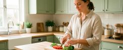 Femme adulte préparant calmement des légumes sur un plan de travail en bois dans une cuisine lumineuse et chaleureuse.