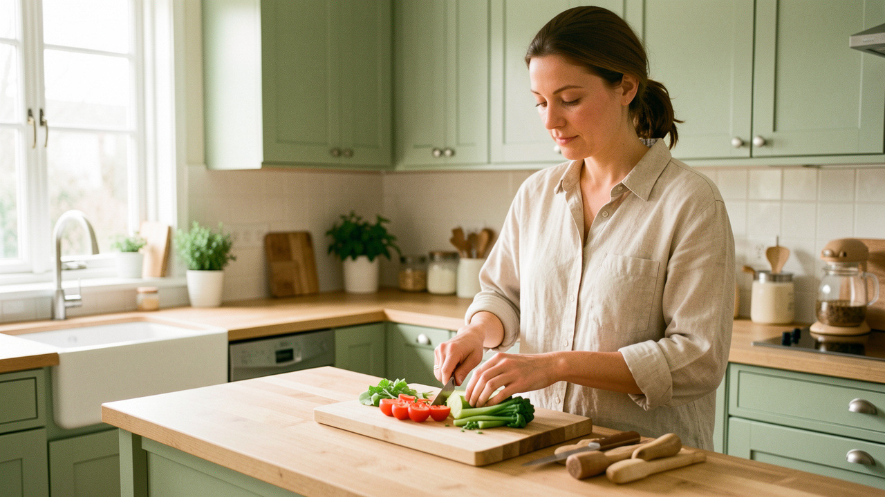 Femme adulte préparant calmement des légumes sur un plan de travail en bois dans une cuisine lumineuse et chaleureuse.