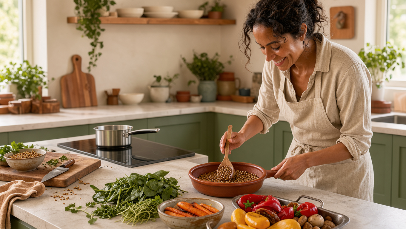 Femme souriante préparant un repas riche en fer avec des lentilles, des épinards et des légumes dans une cuisine lumineuse.