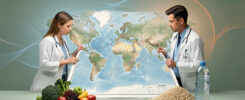 Illustration éditoriale réaliste présentant une carte du monde entourée de professionnels de santé, d’aliments sains et de visualisations abstraites liées au climat.