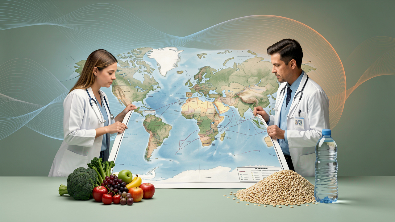 Illustration éditoriale réaliste présentant une carte du monde entourée de professionnels de santé, d’aliments sains et de visualisations abstraites liées au climat.